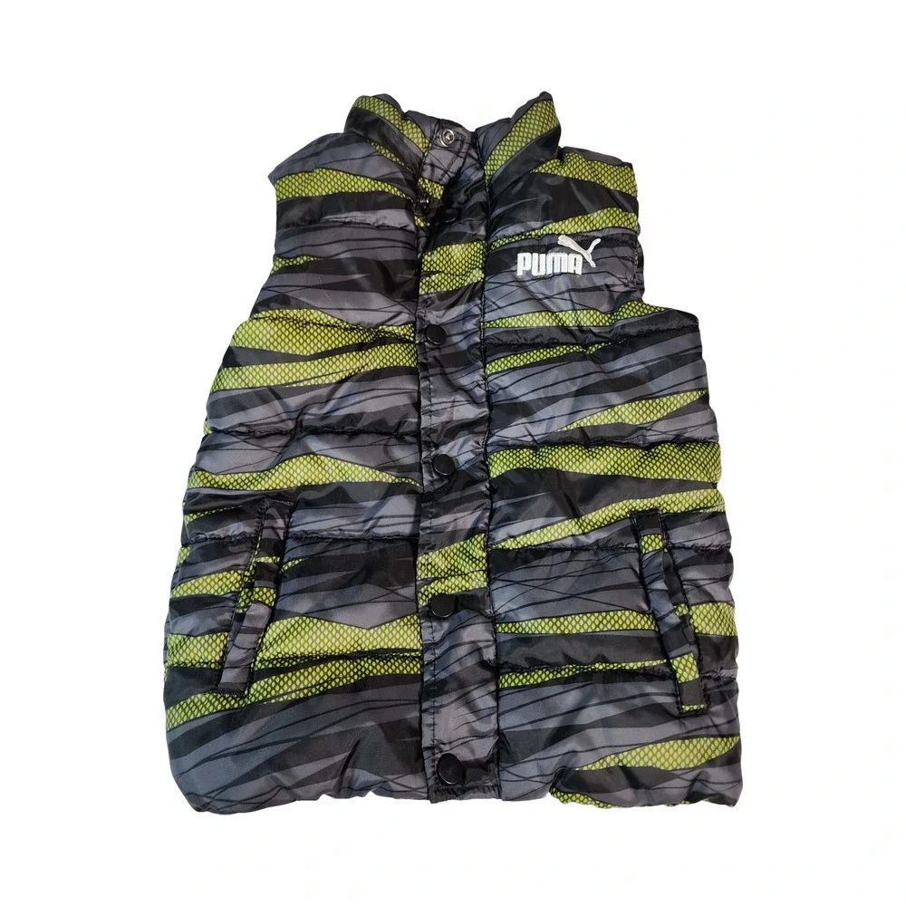 Puma Kids Puffer Vest Grey Lime Green Geometric‎ Print Snap Front Size 5